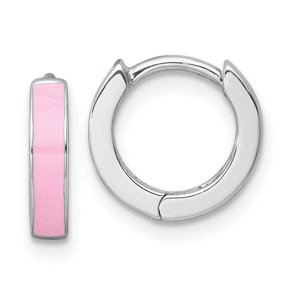 Sterling Silver RH-plated Pink Enameled Hinged Round Hoop Earrings