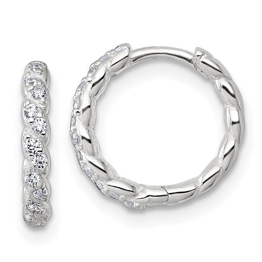 Sterling Silver Polished and Twisted 2.2mm CZ Hinged Round Hoop Earrings