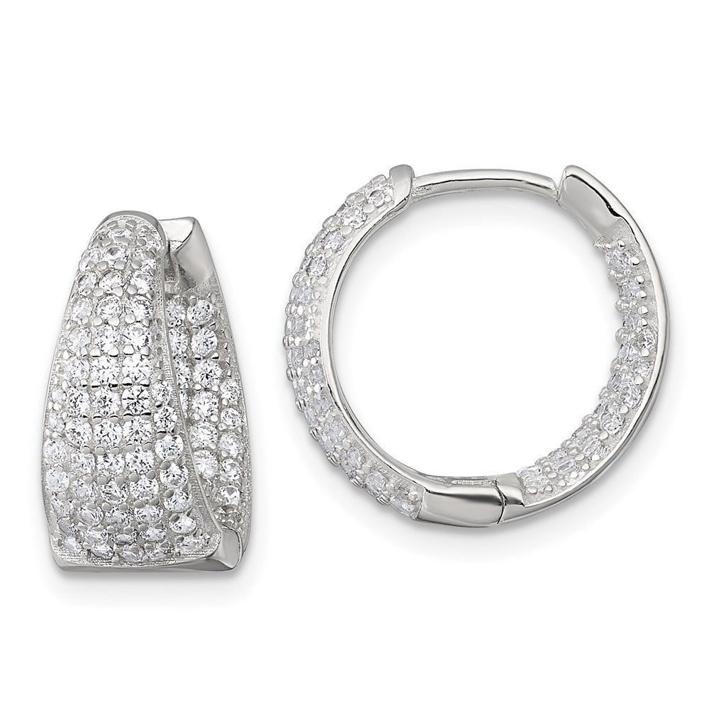 Sterling Silver Polished Tapered In and Out CZ Hinged Round Hoop Earrings