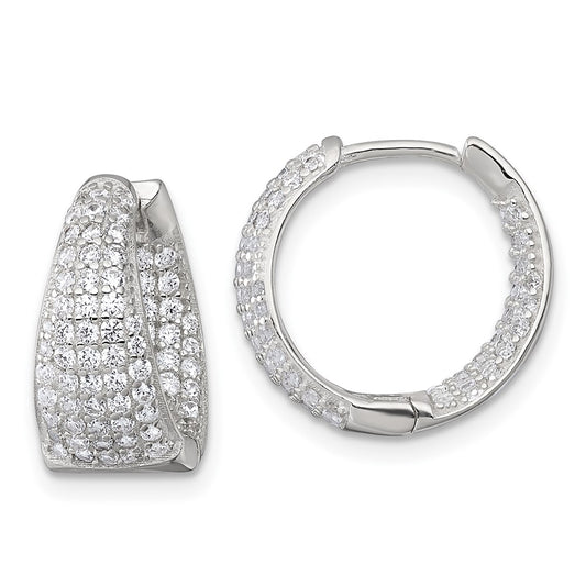Sterling Silver Polished Tapered In and Out CZ Hinged Round Hoop Earrings