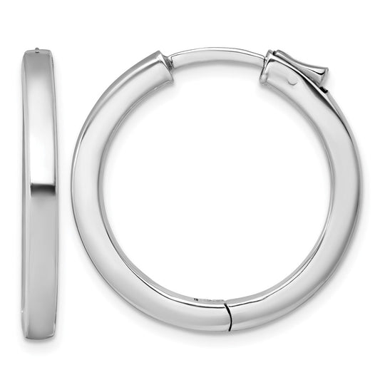SS Rhod-plated Polish 3x28mm Hinged Square Tube w/Safety Lock Hoop Earrings