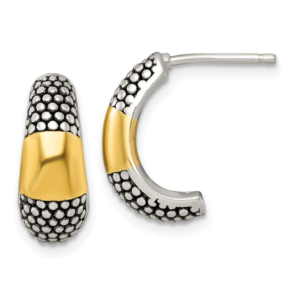 Sterling Silver and Gold-tone Antiqued Polished Post J-Hoop Earrings
