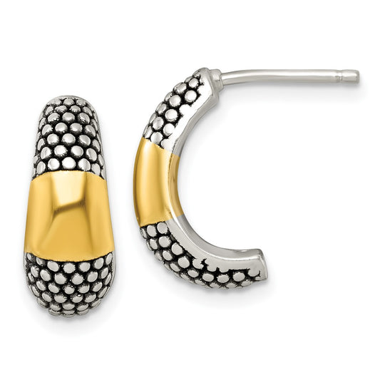 Sterling Silver and Gold-tone Antiqued Polished Post J-Hoop Earrings