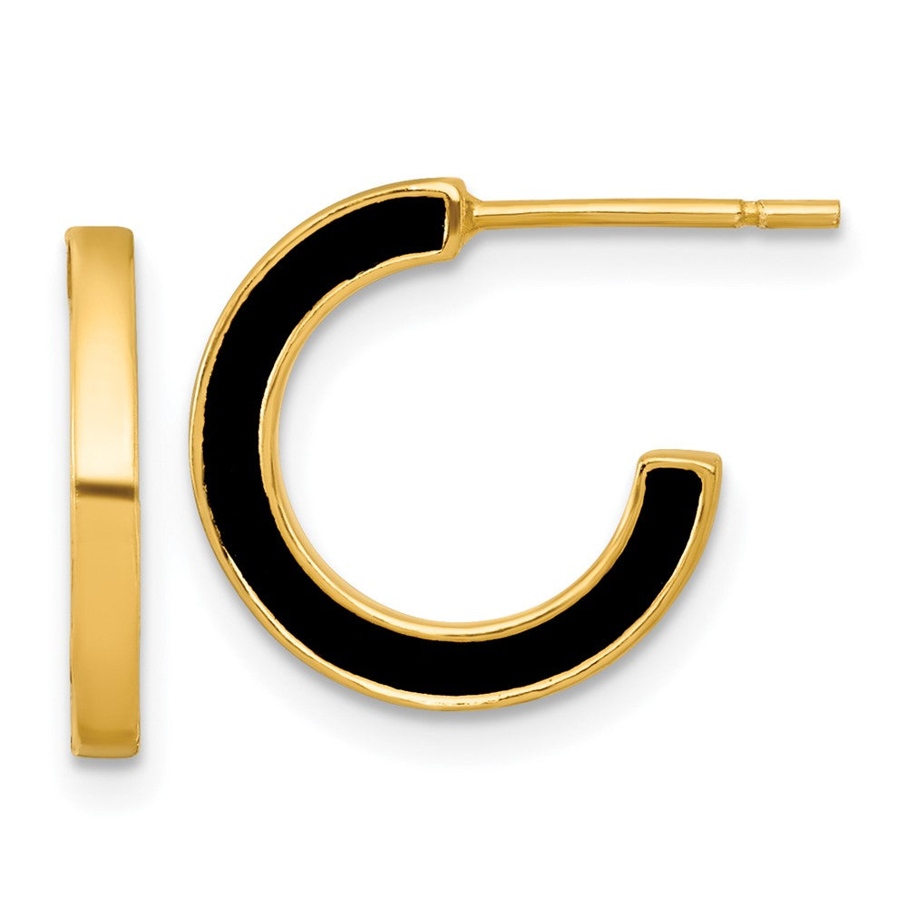 SS Gold-tone Polished Black Enamel 15x2mm Post C-Hoop Earrings