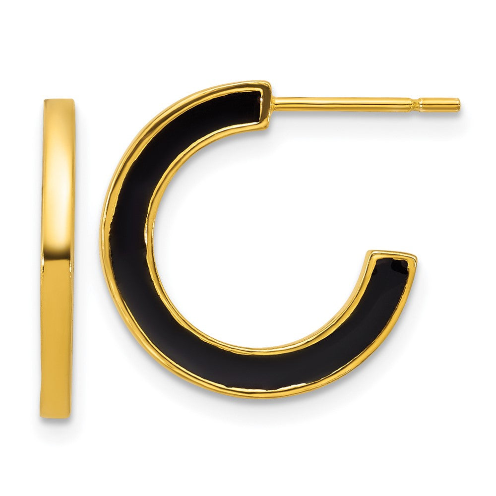 SS Gold-tone Polished Black Enamel 18x2mm Post C-Hoop Earrings