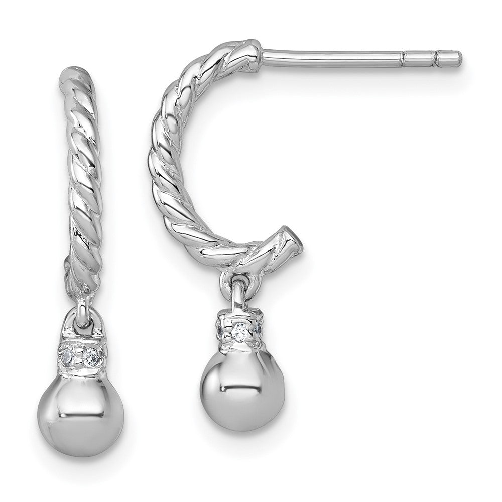 SS RH-plated Polished and Twisted CZ Post J-Hoop Dangle Earrings