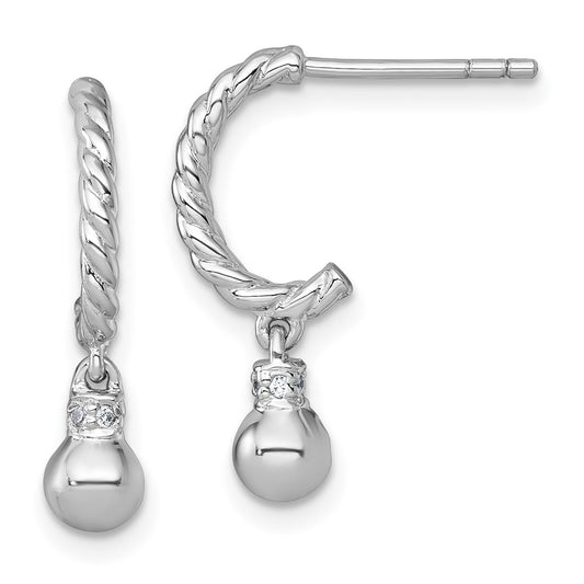 SS RH-plated Polished and Twisted CZ Post J-Hoop Dangle Earrings