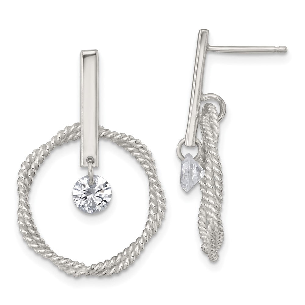 Sterling Silver Polished and Twisted CZ Circle Post Dangle Earrings