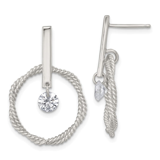 Sterling Silver Polished and Twisted CZ Circle Post Dangle Earrings