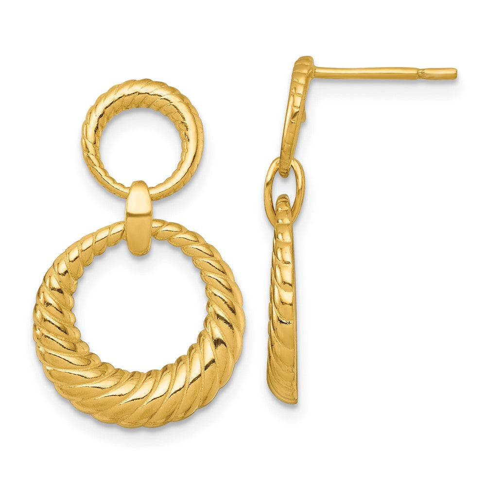 SS Gold-tone Polished and Grooved Double Circle Post Dangle Earrings
