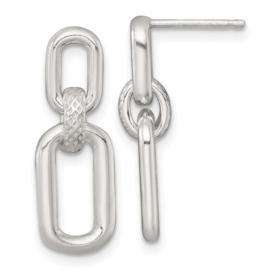 Sterling Silver Polished and Textured Fancy Link Post Dangle Earrings