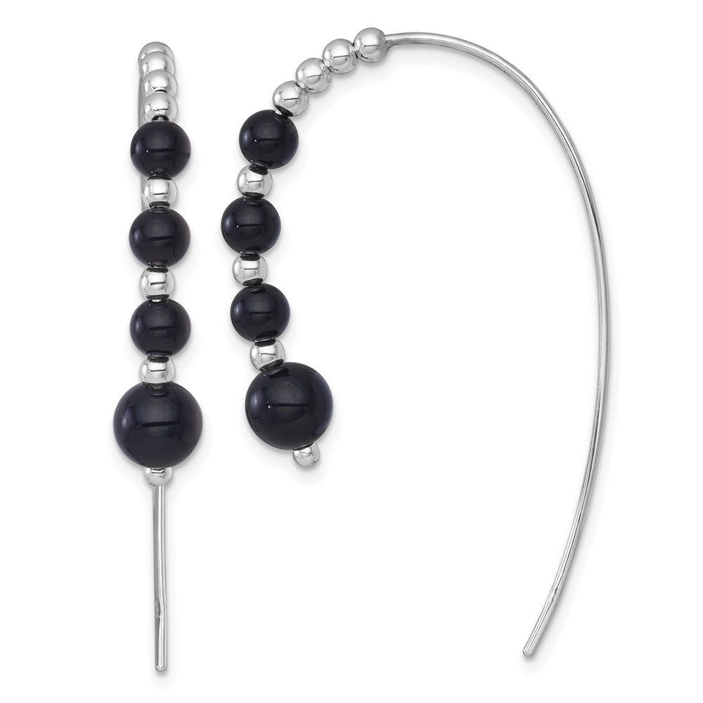 Sterling Silver RH-plated Polished Onyx Beaded Threader Earrings