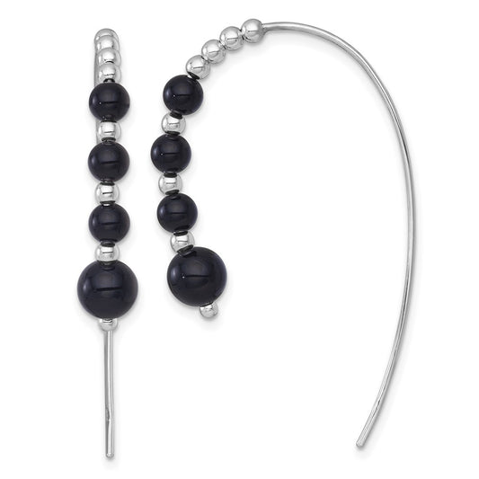 Sterling Silver RH-plated Polished Onyx Beaded Threader Earrings