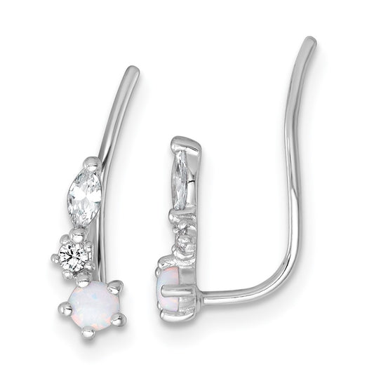 Sterling Silver Rhodium-plated Polished CZ and Cr. Opal Ear Climbers