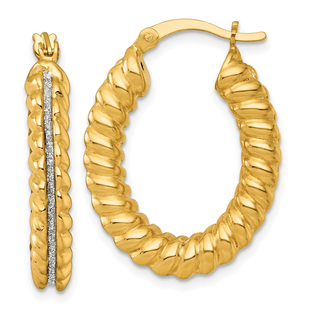 SS Gold-tone Polished and Twisted Glitter Oval Hoop Earrings