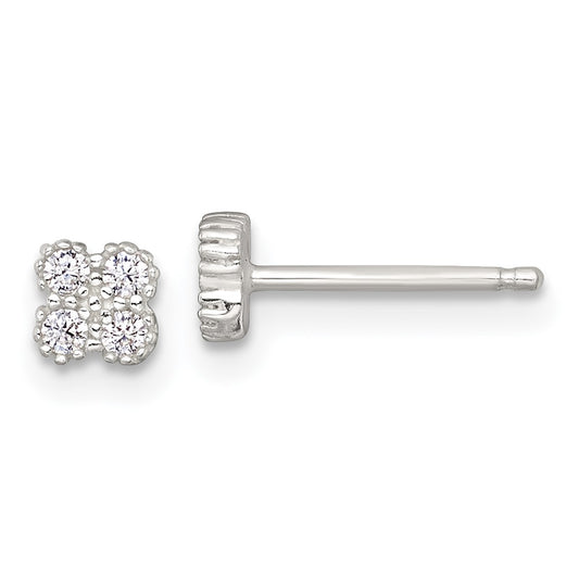Sterling Silver Polished Textured CZ Quatrefoil Post Earrings