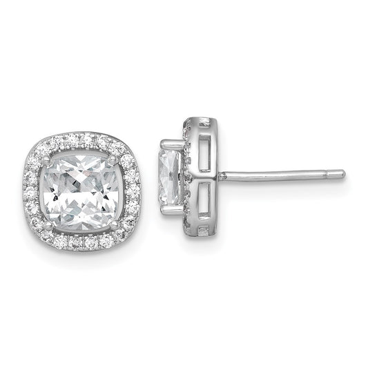 Sterling Silver Rh-pltd Polished 10mm Cushion Halo CZ Post Earrings