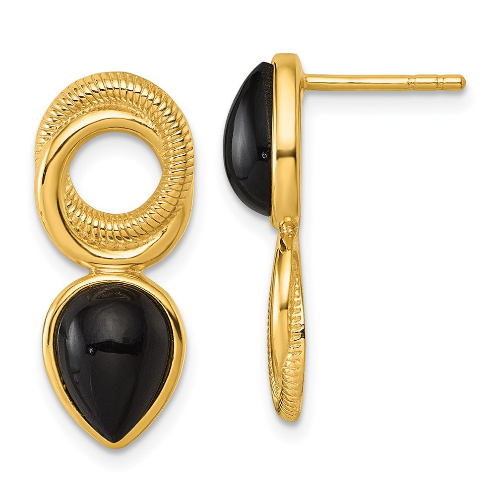 Sterling Silver Gold-tone Black Agate Circle Teardrop Post Earrings