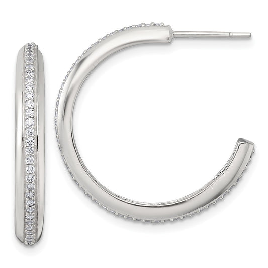 Sterling Silver Polished 26.5x3.5mm CZ Post C-Hoop Earrings