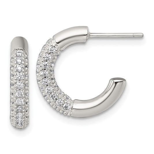 Sterling Silver Polished Pave CZ Post C-Hoop Earrings