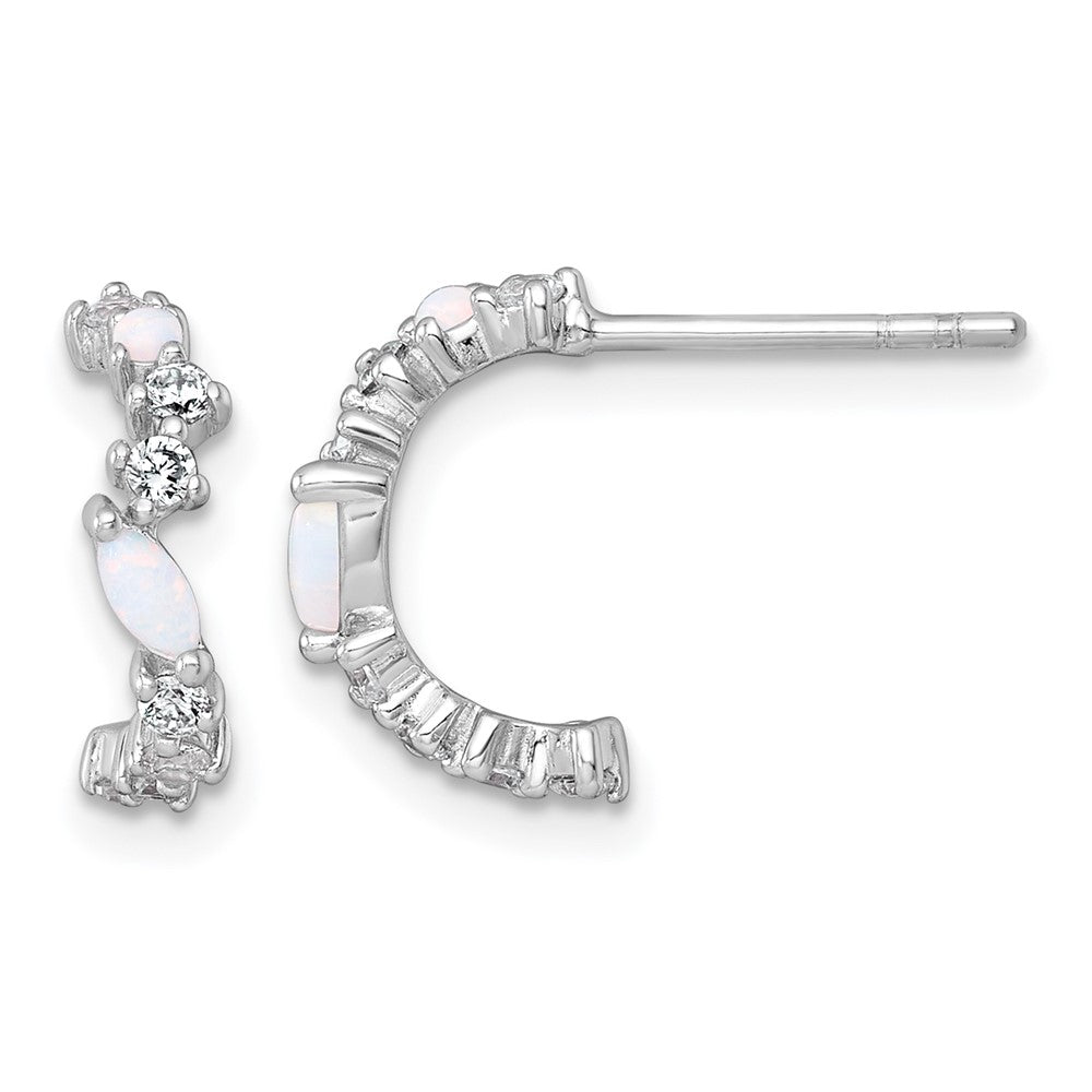 SSilver RH-plated Polished CZ and Lab Created Opal Post C-Hoop Earrings