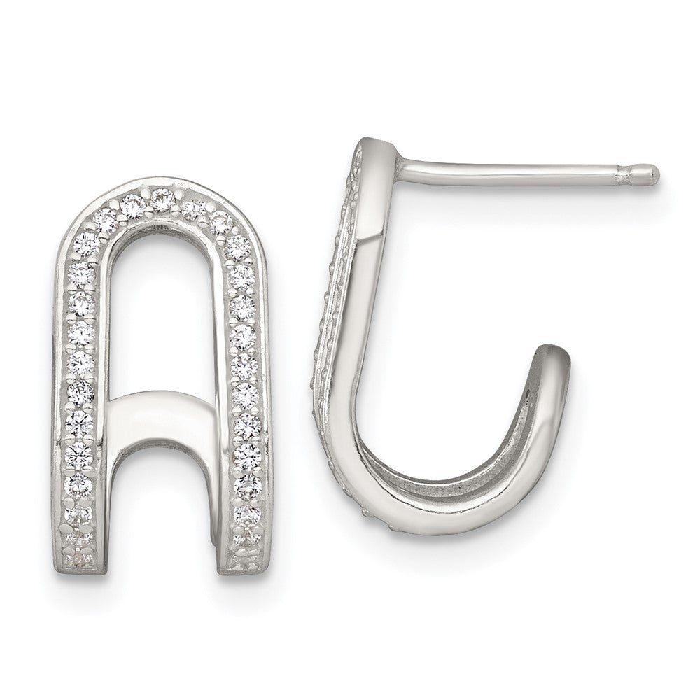 Sterling Silver Polished CZ Curved Post J-Hoop Earrings