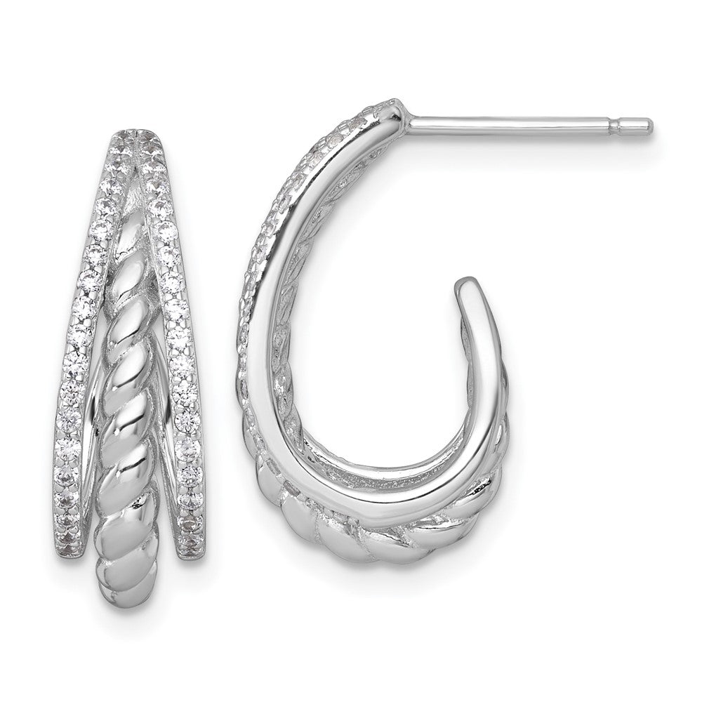 Sterling Silver RH-plated Polished and Twisted CZ Post J-Hoop Earrings