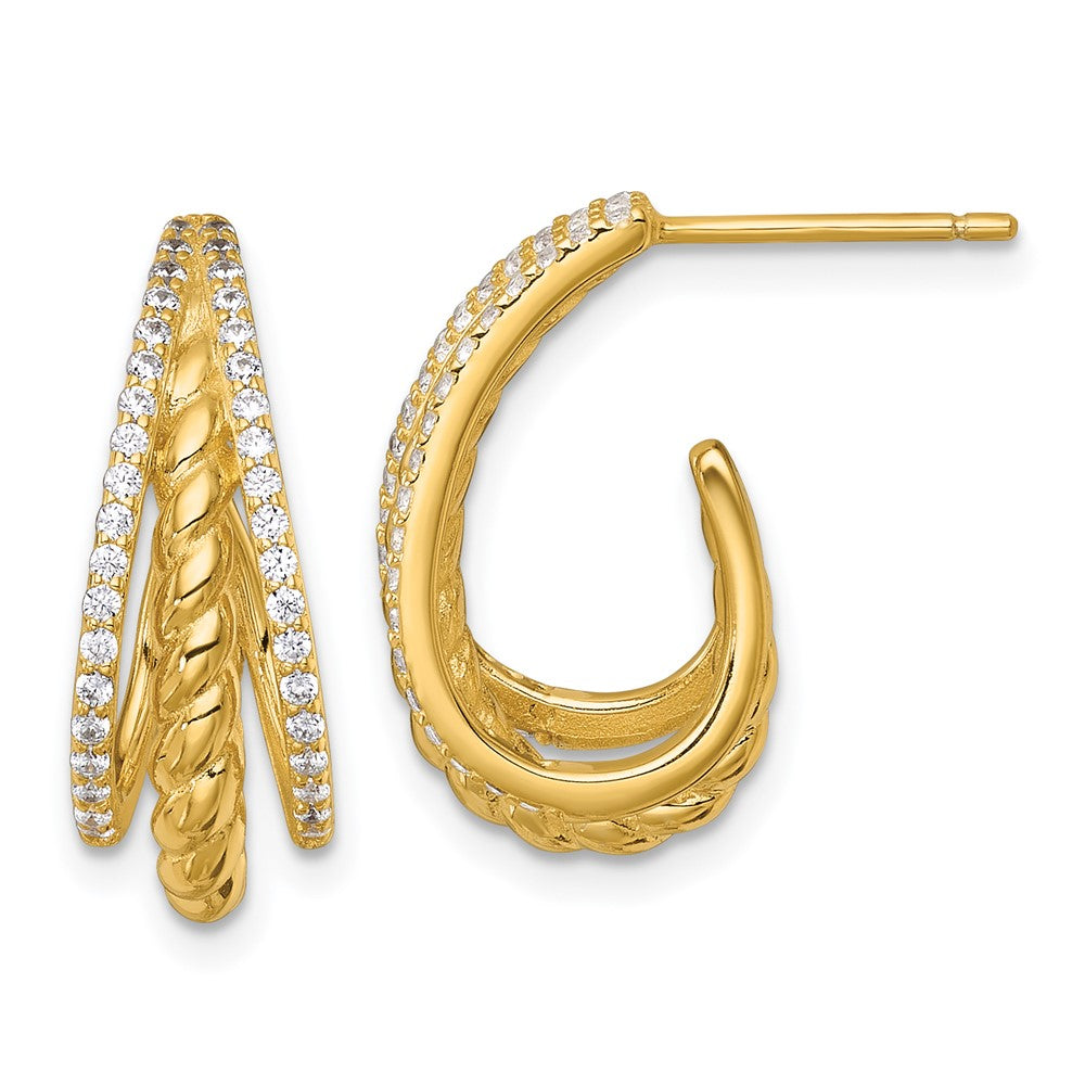 Sterling Silver Gold-tone Polished and Twisted CZ Post J-Hoop Earrings