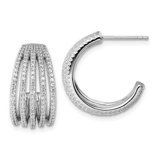 Sterling Silver Rhodium-plated CZ Multi Row Post J-Hoop Earrings