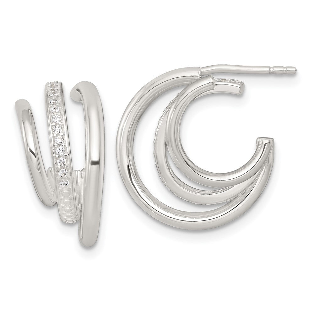 Sterling Silver Polished CZ 3-Row Post C-Hoop Earrings
