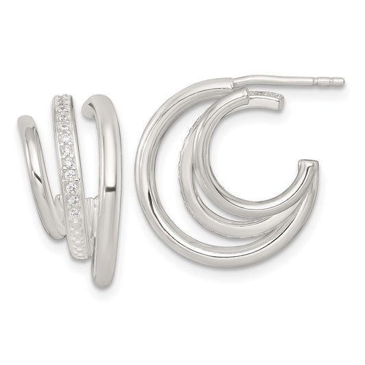 Sterling Silver Polished CZ 3-Row Post C-Hoop Earrings