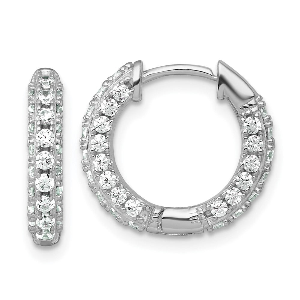 Sterling Silver RH-plated Polished CZ Hinged Round Hoop Earrings