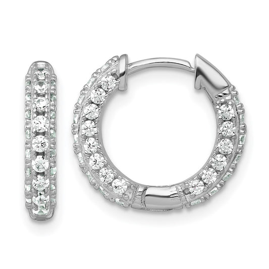 Sterling Silver RH-plated Polished CZ Hinged Round Hoop Earrings