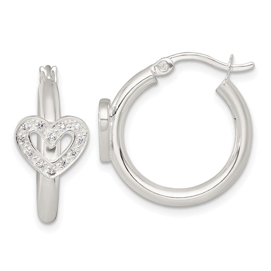 Sterling Silver Polished CZ Heart Round Hoop Earrings