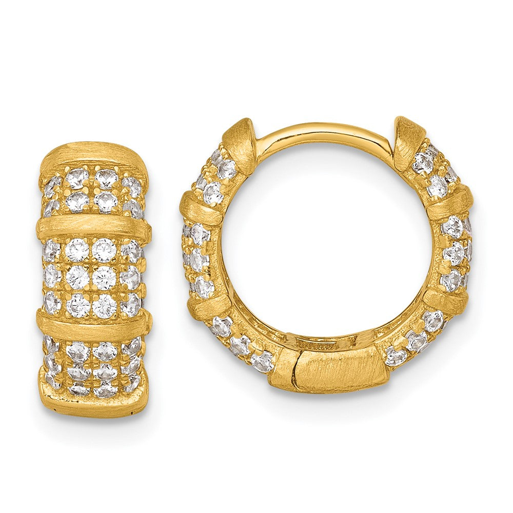 Sterling Silver Gold-Tone Polished/Textured CZ Hinged Round Hoop Earrings