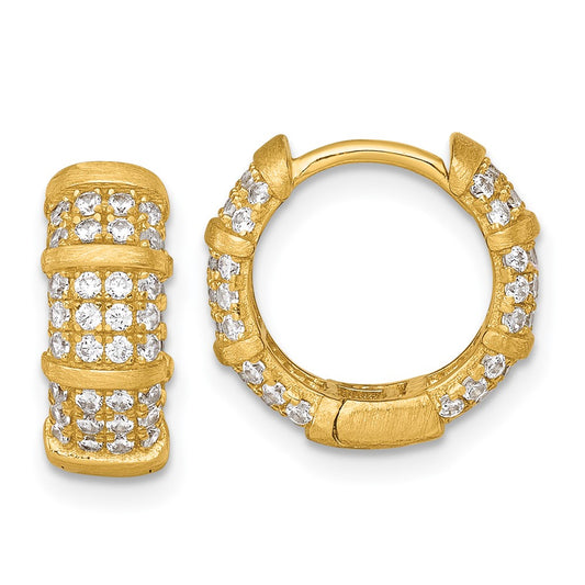 Sterling Silver Gold-Tone Polished/Textured CZ Hinged Round Hoop Earrings