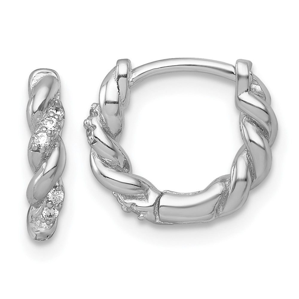 Sterling Silver RH-plated Polished and Twisted CZ Hinged Hoop Earrings