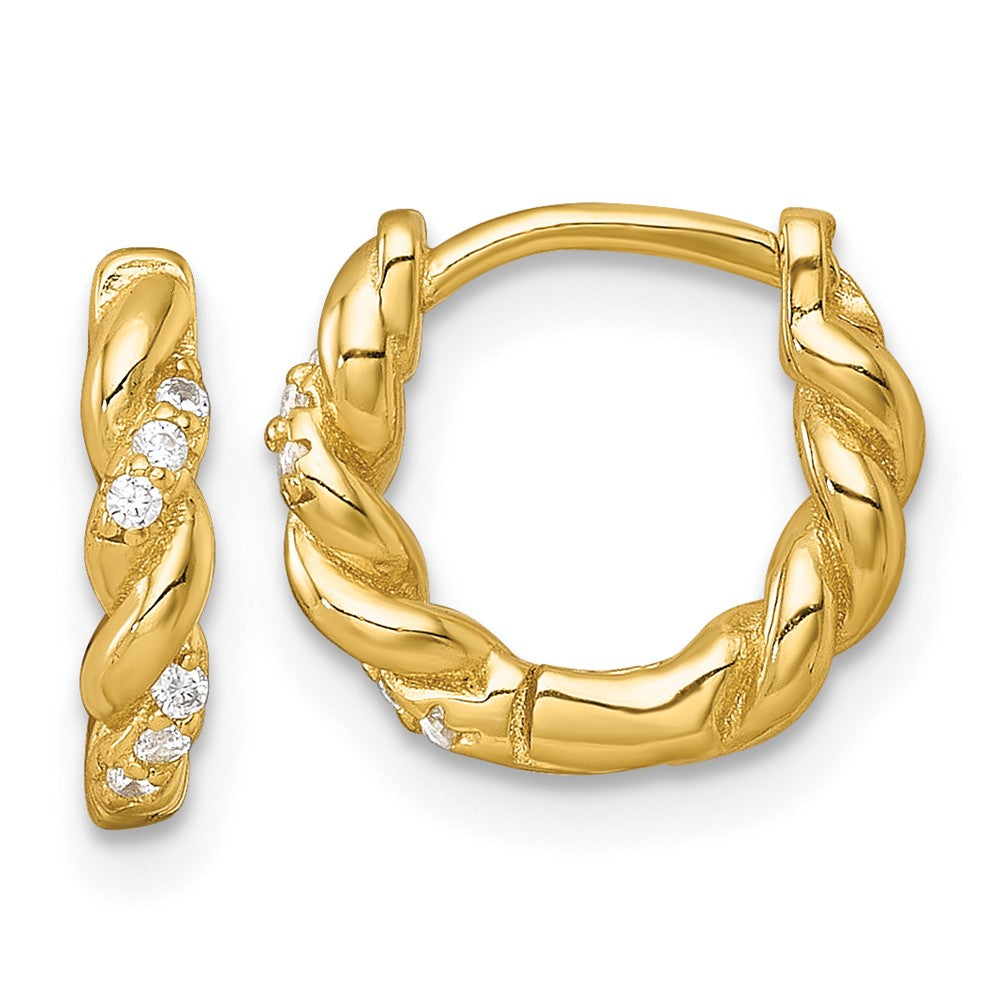 Sterling Silver Gold-tone Polished and Twisted CZ Hinged Hoop Earrings