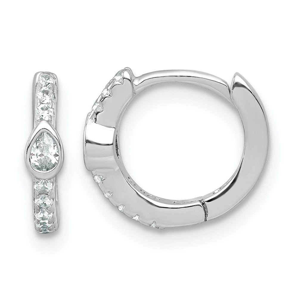 Sterling Silver RH-plated Round and Pear Shaped CZ Hinged Hoop Earrings