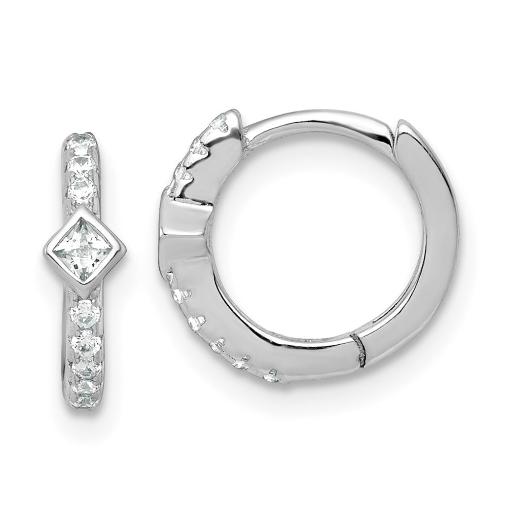 Sterling Silver RH-plated Round/Square CZ Hinged Round Hoop Earrings