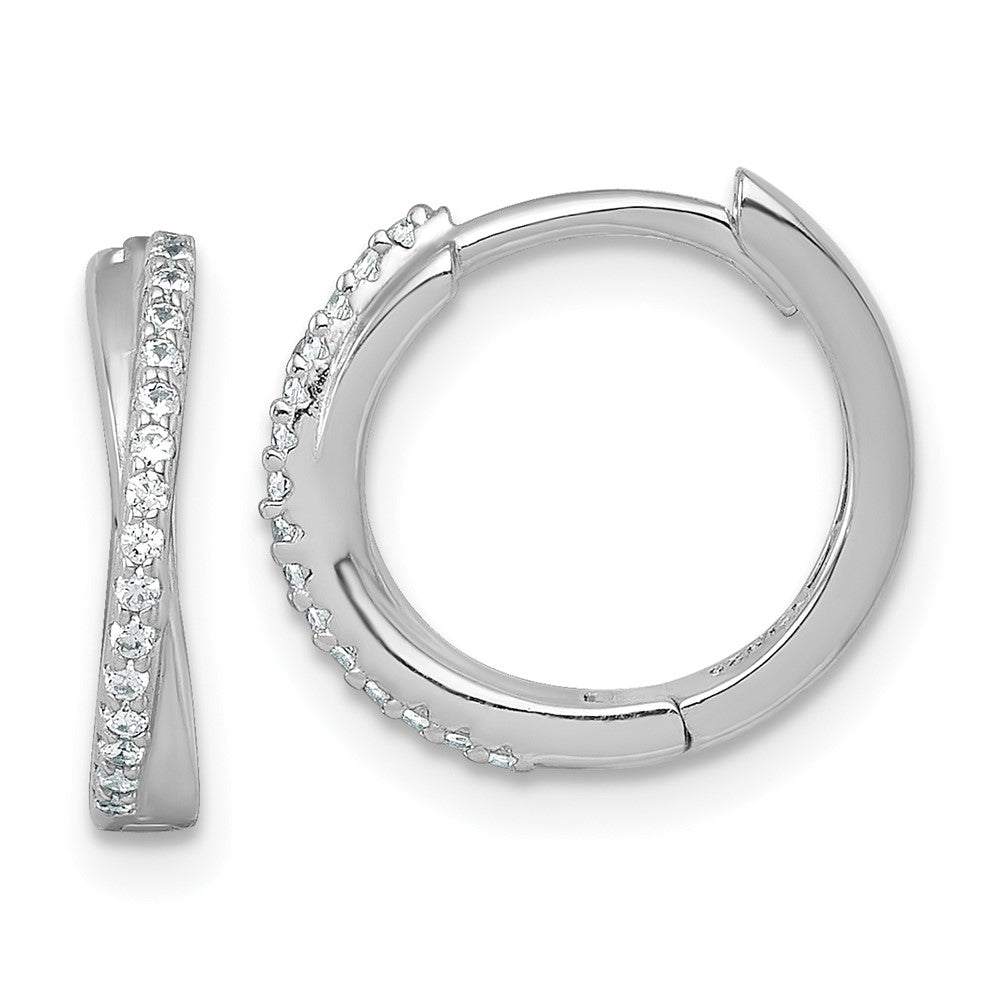Sterling Silver RH-plated Polished CZ Hinged Round Hoop Earrings