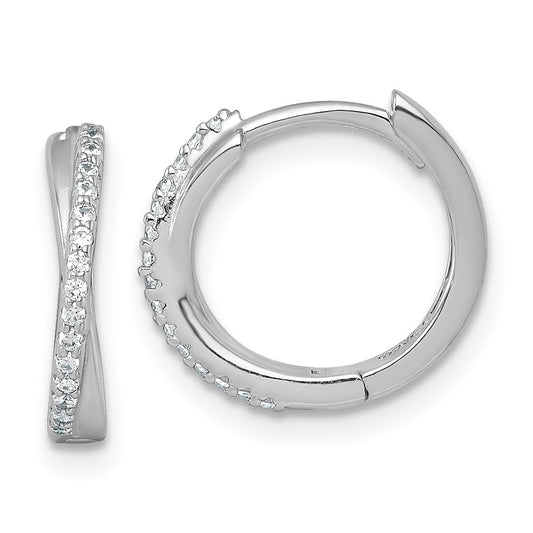 Sterling Silver RH-plated Polished CZ Hinged Round Hoop Earrings