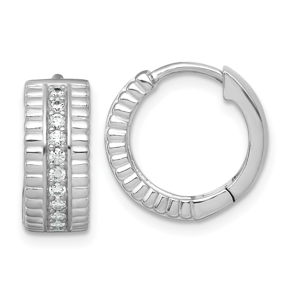 Sterling Silver RH-pltd Polished and Grooved 6.2mm CZ Hoop Earrings