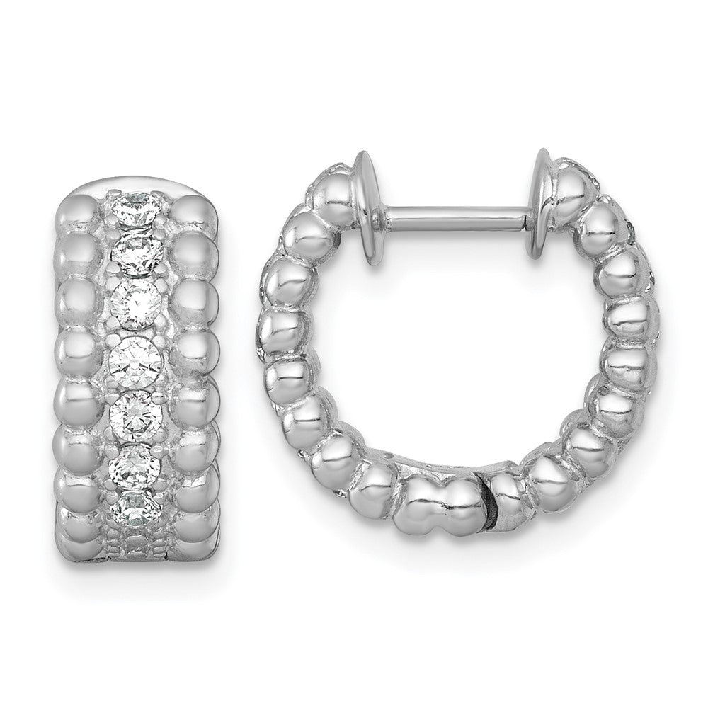 Sterling Silver RH-plated Polished and Beaded CZ Round Hoop Earrings