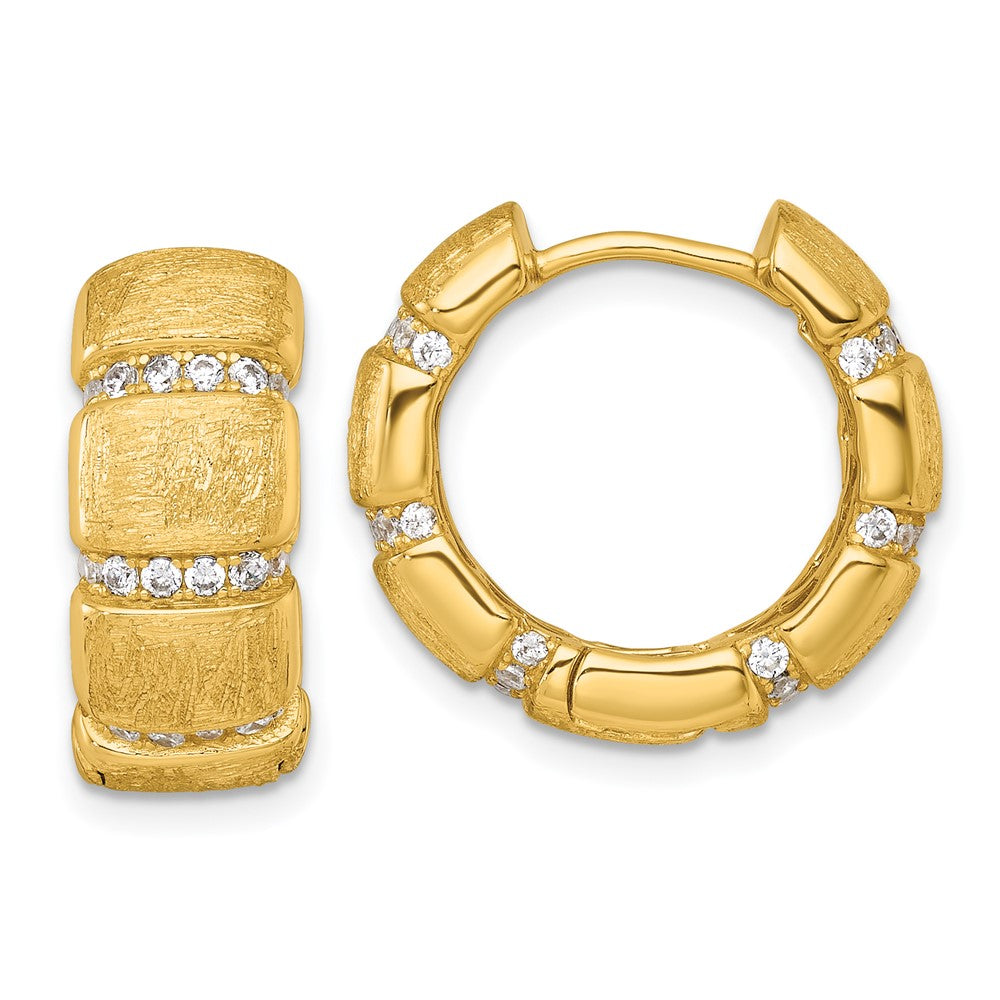 Sterling Silver Gold-Tone Polish/Textured CZ 8mm Hinged Hoop Earrings