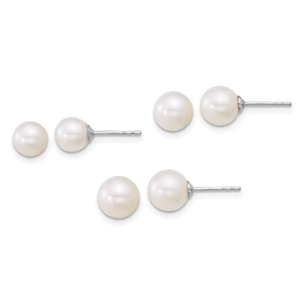 Sterling Silver Rhod 5-6mm/6-7mm/7-8mm FWC 3 pair Pearl Earring Set