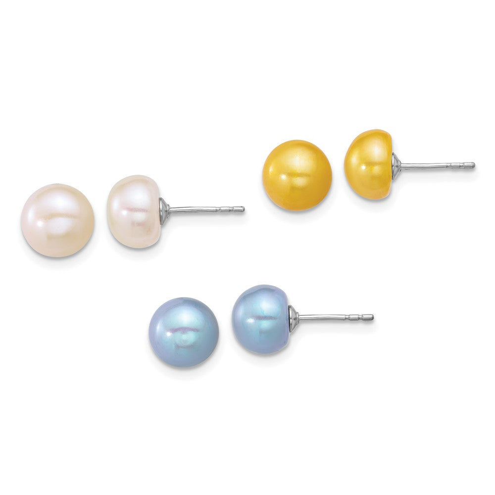 Sterling Silver Rh-plated White/Yellow/Blue FWC 3 pair Pearl Post Earrings