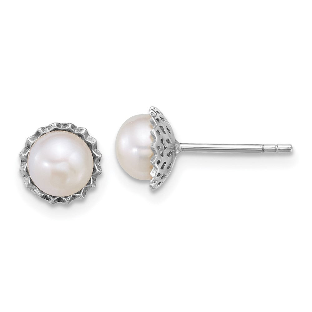 Sterling Silver Rh-plated 6-7mm Button White FWC Pearl Post Earrings