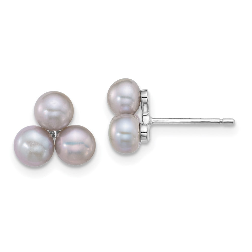 Sterling Silver Rhod-plated 5-6mm Grey FWC 3-Pearl Post Earrings