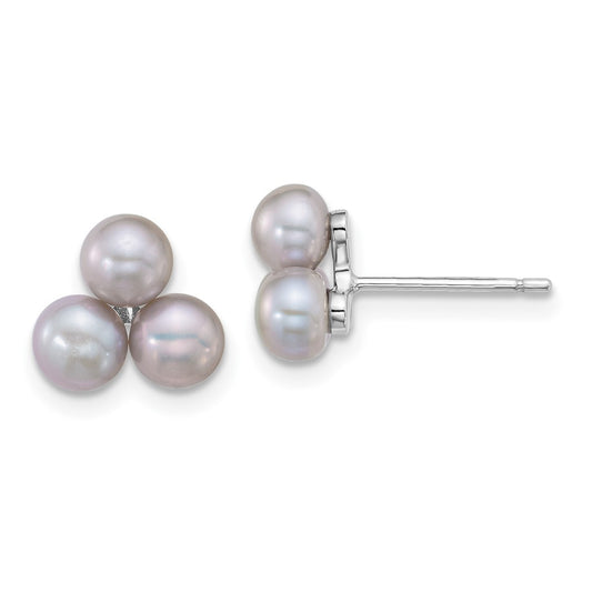 Sterling Silver Rhod-plated 5-6mm Grey FWC 3-Pearl Post Earrings
